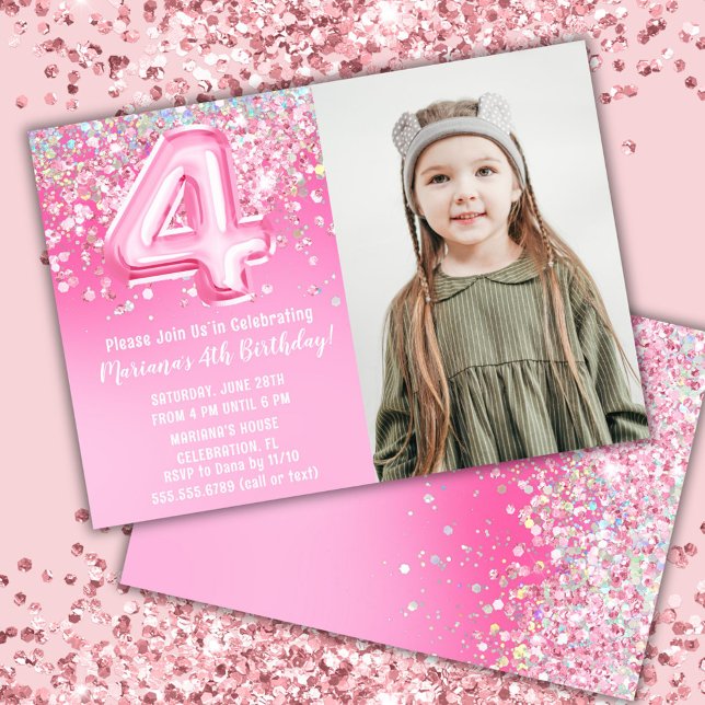 Invitación Cumpleaños 4º Foto Brillo Rosa (Subido por el creador)