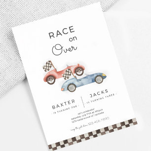 Invitación Cumpleaños 4º Hermanos Coches de Carreras Azul Roj