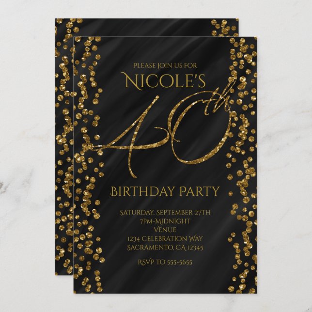 Invitación Cumpleaños 40 40º Glitter Glam Negro y Dorado Fals (Anverso / Reverso)