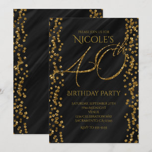 Invitación Cumpleaños 40 40º Glitter Glam Negro y Dorado Fals