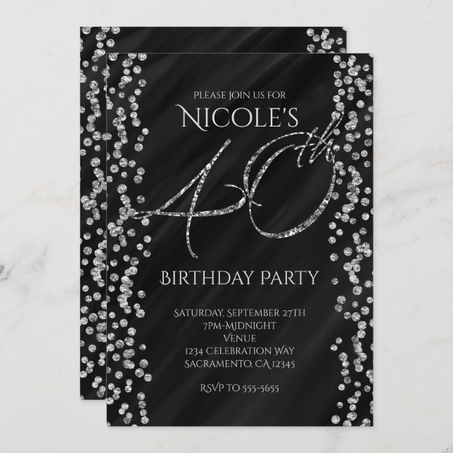 Invitación Cumpleaños 40 40º Glitter Glam Negro y Plateado Fa (Anverso / Reverso)