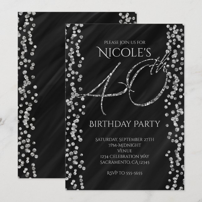 Invitación Cumpleaños 40 40º Negro y Brillo Plateado Falso Gl (Anverso / Reverso)