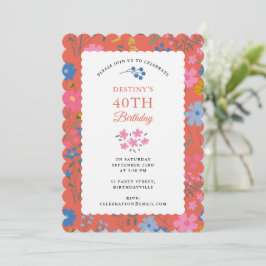 Invitación Cumpleaños 40 50 Boho Rojo Floral Flores Silvestre