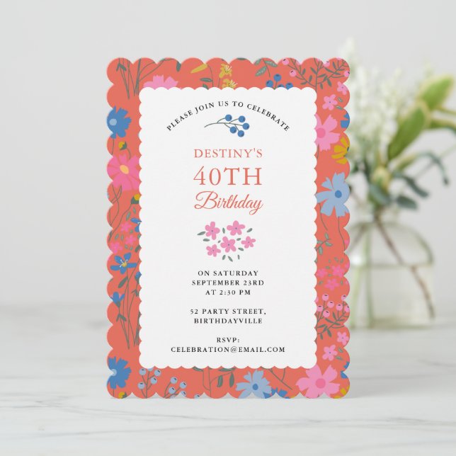 Invitación Cumpleaños 40 50 Boho Rojo Floral Flores Silvestre (Anverso de pie)
