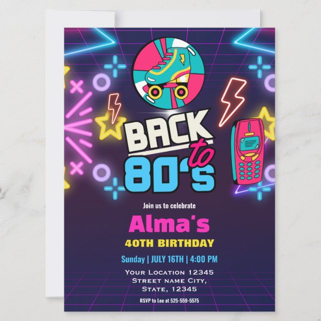 Invitación Cumpleaños 40 al estilo neón retro de los 80 (Anverso)