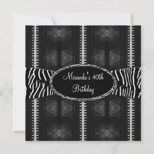 Invitación Cumpleaños 40 años negro blanco cebra cremallera