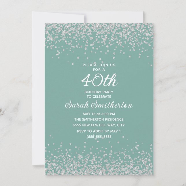 Invitación Cumpleaños 40 Aqua Mint Plata Diamante Brillo (Anverso)