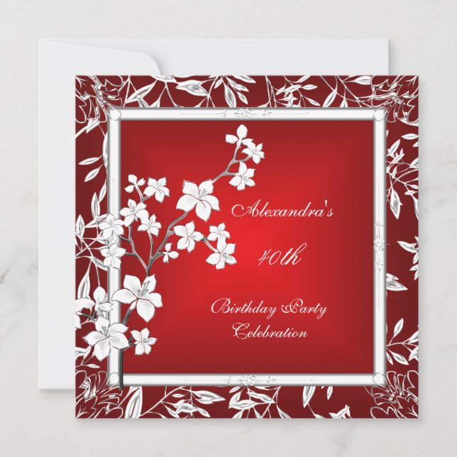 Invitación Cumpleaños 40 Asiático Rojo Floral Plata Blanco (Anverso)