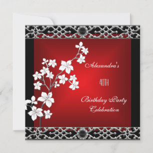 Invitación Cumpleaños 40 Asiático Rojo Negro Floral Plateado 