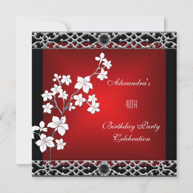 Invitación Cumpleaños 40 Asiático Rojo Negro Floral Plateado  (Anverso)