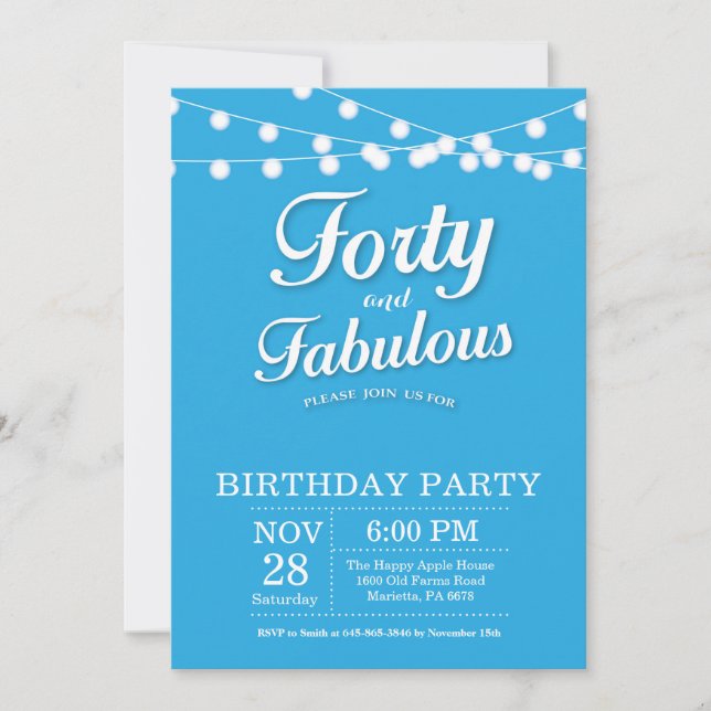 Invitación cumpleaños 40 azul fabuloso (Anverso)