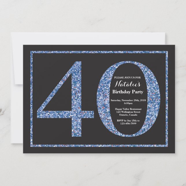 Invitación Cumpleaños 40 Azul Pizarra Brillante (Anverso)