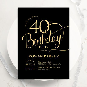 Invitación Cumpleaños 40 Black Gold Letra Elegante