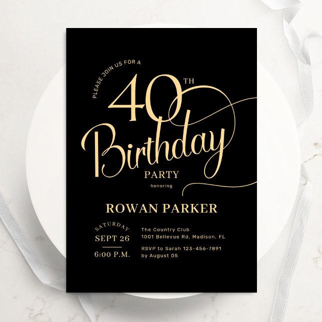 Invitación Cumpleaños 40 Black Gold Letra Elegante (Subido por el creador)