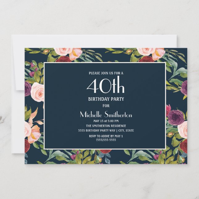 Invitación Cumpleaños 40 Blue Burgundy Blush Floral (Anverso)