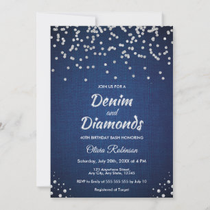 Invitación Cumpleaños 40 Blue Denim and Diamonds
