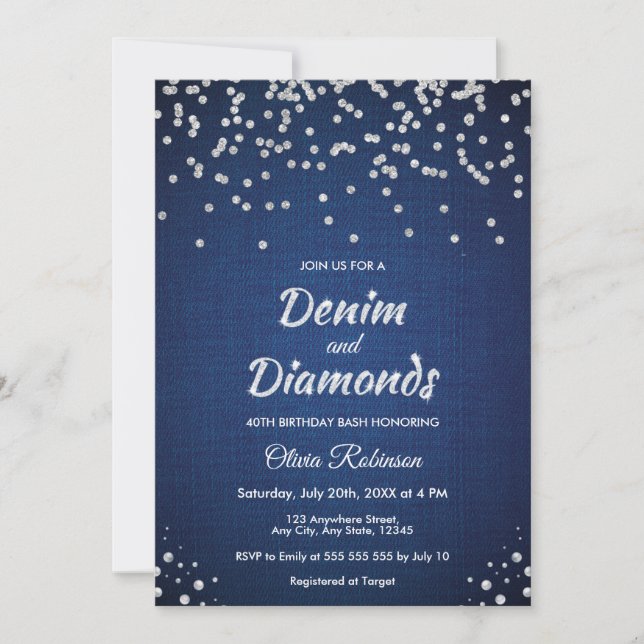 Invitación Cumpleaños 40 Blue Denim and Diamonds  (Anverso)