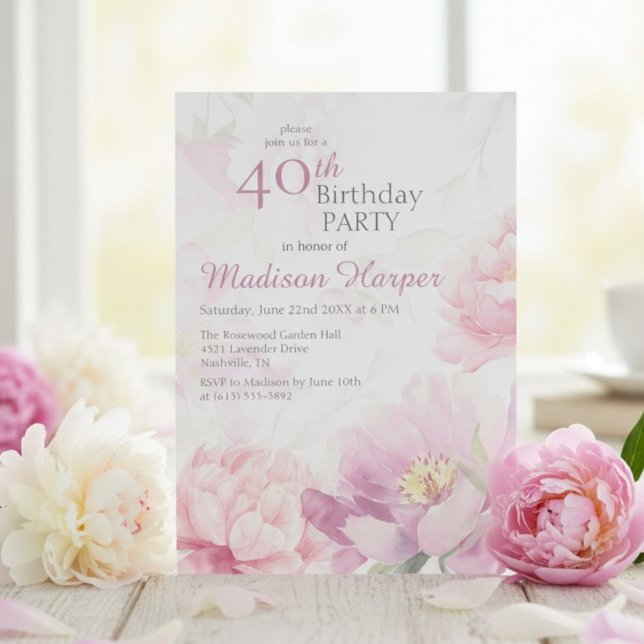 Invitación Cumpleaños 40 Blush Pink Watercolor Peony (Subido por el creador)