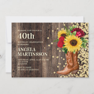 Invitación Cumpleaños 40 Botas Rústicas Girasoles Rosas Rojas
