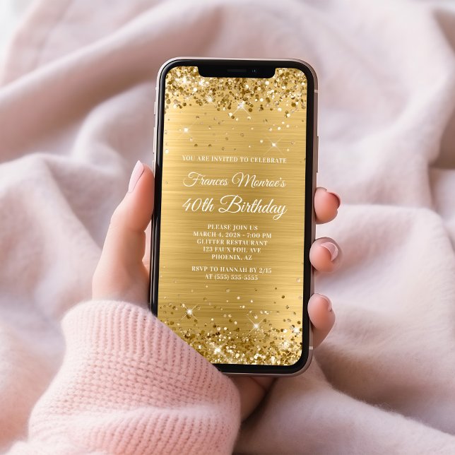 Invitación Cumpleaños 40 Brillante con Hojuela de Oro (Glittery Gold Foil 40th Birthday Invitation)