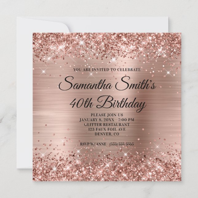 Invitación Cumpleaños 40 Brillante con Hojuela de Oro Rosa (Anverso)