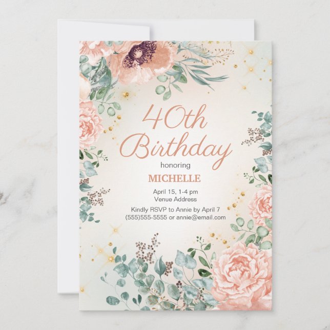 Invitación Cumpleaños 40 Brillante Dorado Floral Rosa (Anverso)