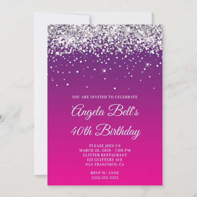 Invitación Cumpleaños 40 Brillante Gradiente Rosa Purpura Pla (Anverso)