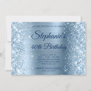Invitación Cumpleaños 40 Brillante Monograma de Hoja Luz Azul