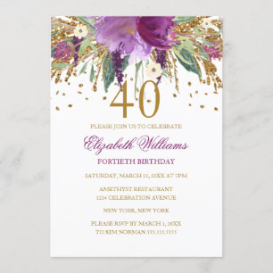Invitación Cumpleaños 40 Brillante Purpura Floral con Brillo