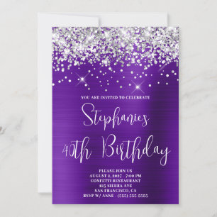 Invitación Cumpleaños 40 Brillante Purpura Satinado Plateado