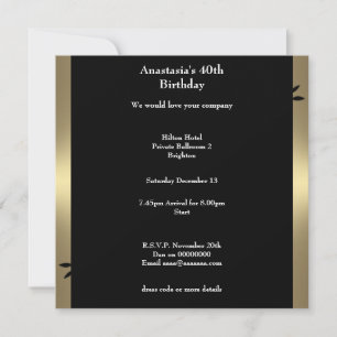 Invitación Cumpleaños 40 Bronce Café Remolino Floral Negro