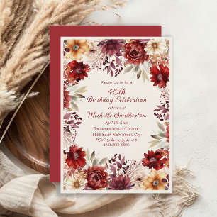 Invitación Cumpleaños 40 Burgundy Cream Aquarela Floral