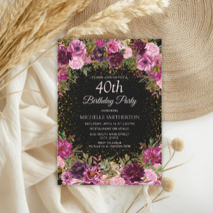 Invitación Cumpleaños 40 Burgundy Rosa Floral Brillo Negro