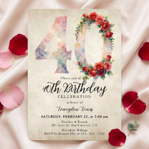 Invitación Cumpleaños 40 Burgundy Rose Floral Acuarela