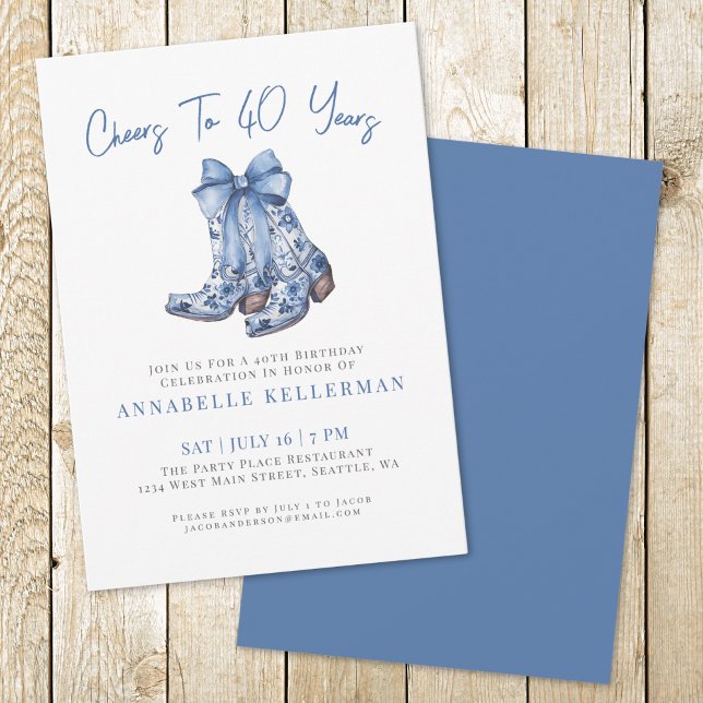 Invitación Cumpleaños 40 Campestre Rústico (Country Blue Bow Cowboy Birthday Invitation )