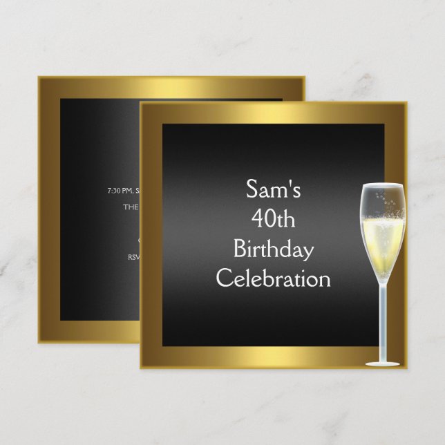 Invitación Cumpleaños 40 Champagne Dorado Negro (Anverso / Reverso)
