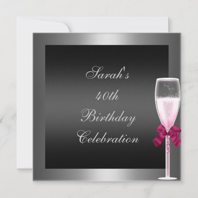 Invitación Cumpleaños 40 Champagne Rosa Plateado Negro (Anverso)