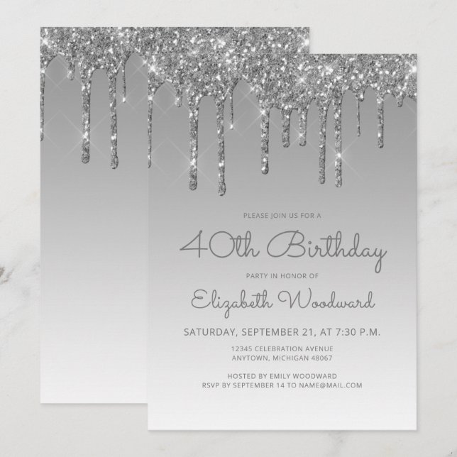 Invitación Cumpleaños 40 Chic Brillo Goteo Plata (Anverso / Reverso)