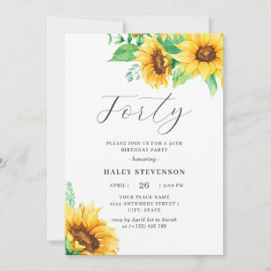 Invitación Cumpleaños 40 Chic Floral de Girasoles Amarillos