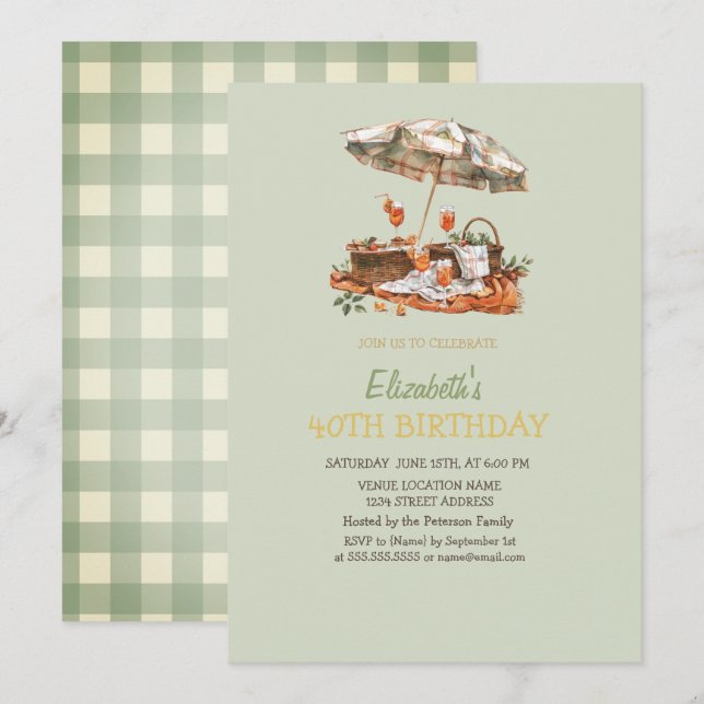 Invitación Cumpleaños 40 con Aperol Naranja Cuadros Verdes  (Anverso / Reverso)
