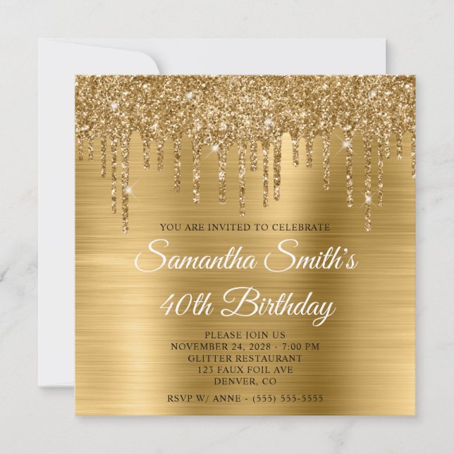 Invitación Cumpleaños 40 con Brillos de Oro y Hojuela (Anverso)