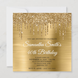 Invitación Cumpleaños 40 con Brillos de Oro y Hojuela