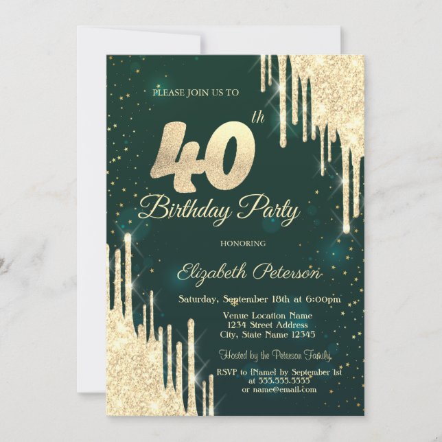 Invitación Cumpleaños 40 con destellos dorados verdes (Anverso)