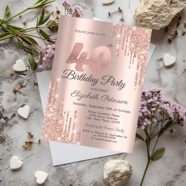 Invitación Cumpleaños 40 con Drips de Brillo de Oro Rosa (Subido por el creador)