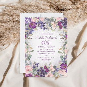 Invitación Cumpleaños 40 con Flores de Follaje de Color Rosa 