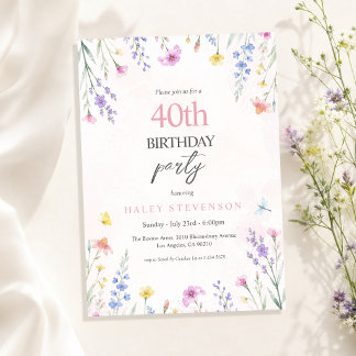 Invitación Cumpleaños 40 con flores silvestres en acuarela pa