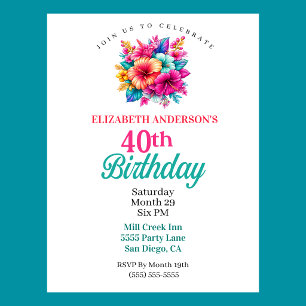 Invitación Cumpleaños 40 con Flores Tropicales