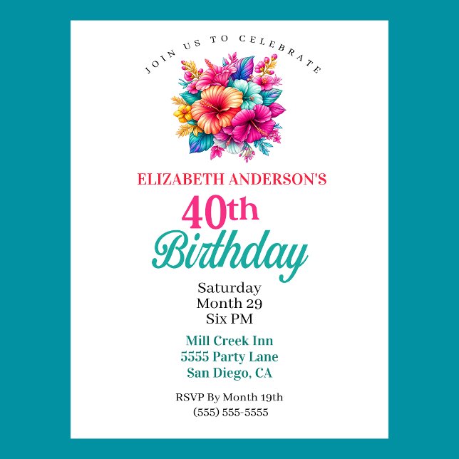 Invitación Cumpleaños 40 con Flores Tropicales (Tropical Flowers 40th Birthday Invitation For Women.  )