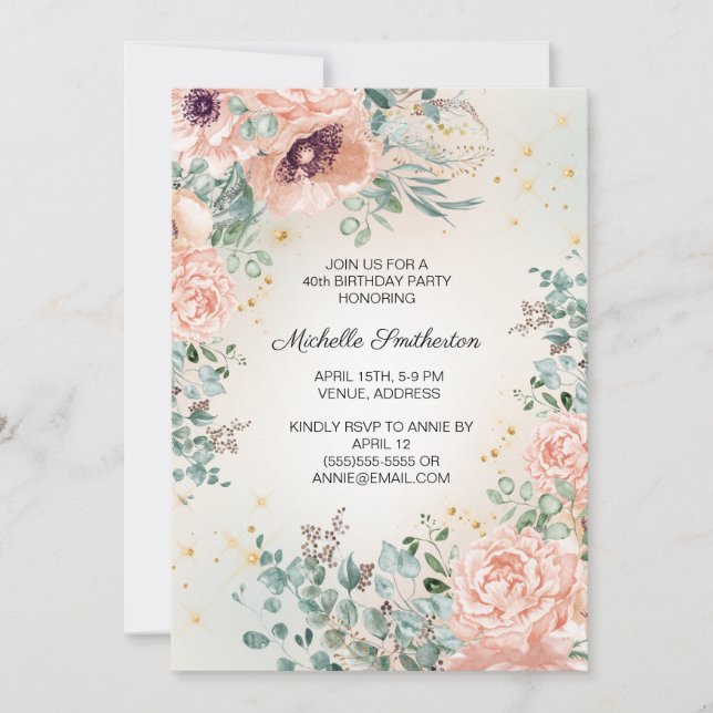 Invitación Cumpleaños 40 con follaje floral rosa y brillo dor (Anverso)
