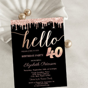 Invitación Cumpleaños 40 con Glitter Drips Rosa Dorado